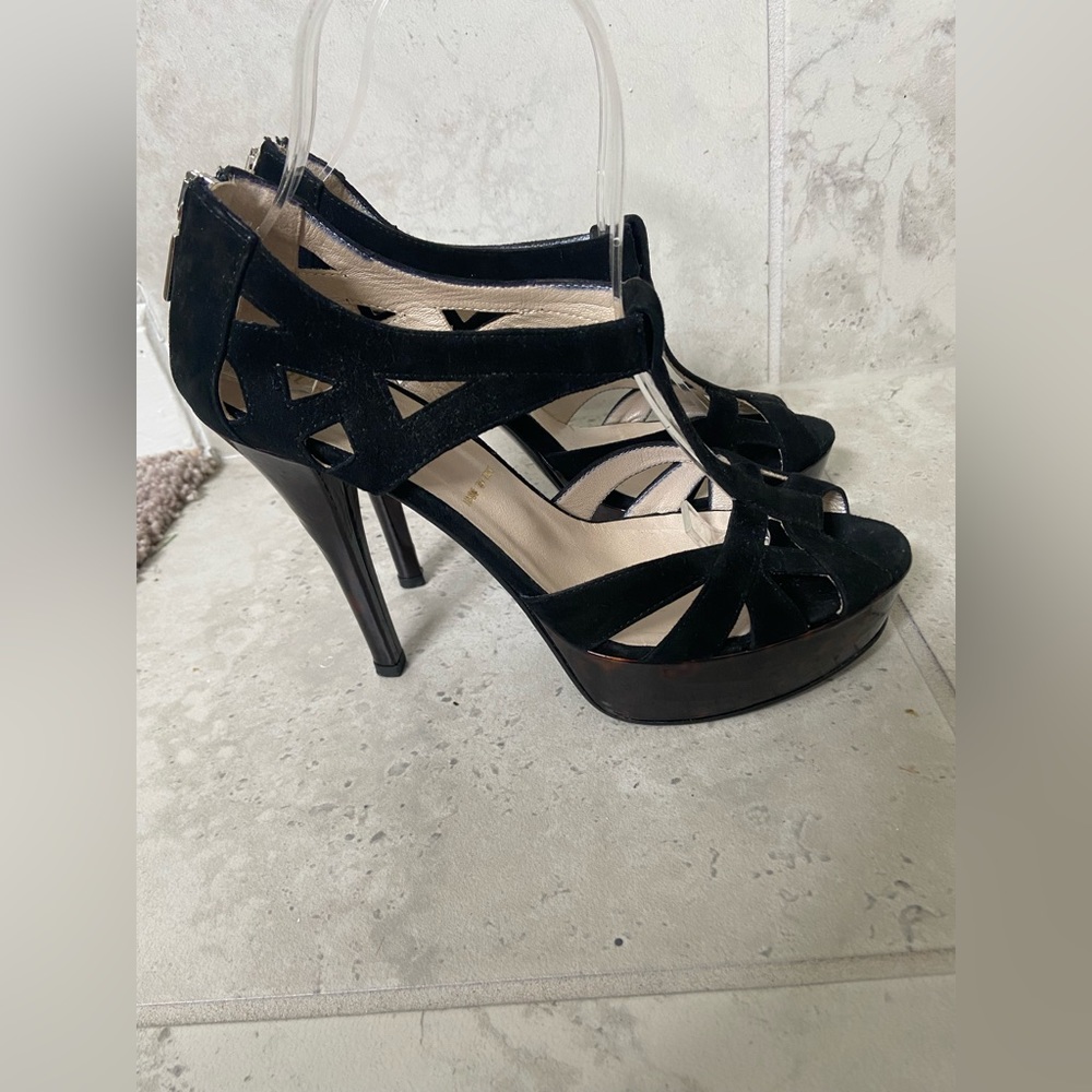 Vintage Bruno Magli Black Suede Open Toe Stiletto Platform Heels Sz 37& 1/2 US 7